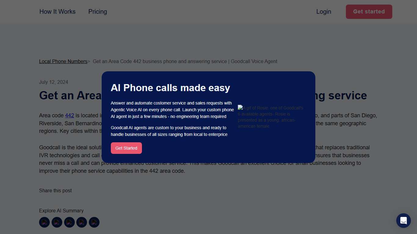 Get an Area Code 442 business phone and answering service Goodcall Voice Agent