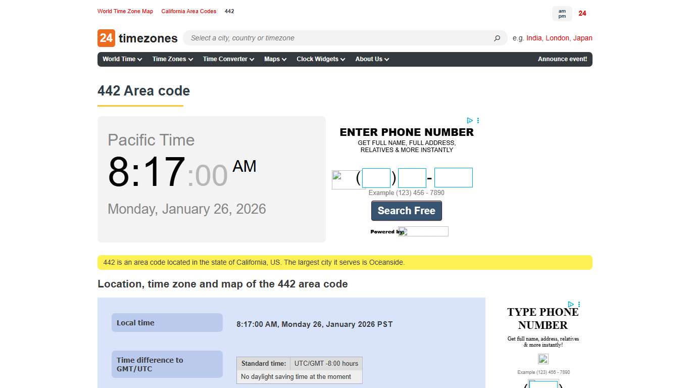 442 area code — information, time zone, map